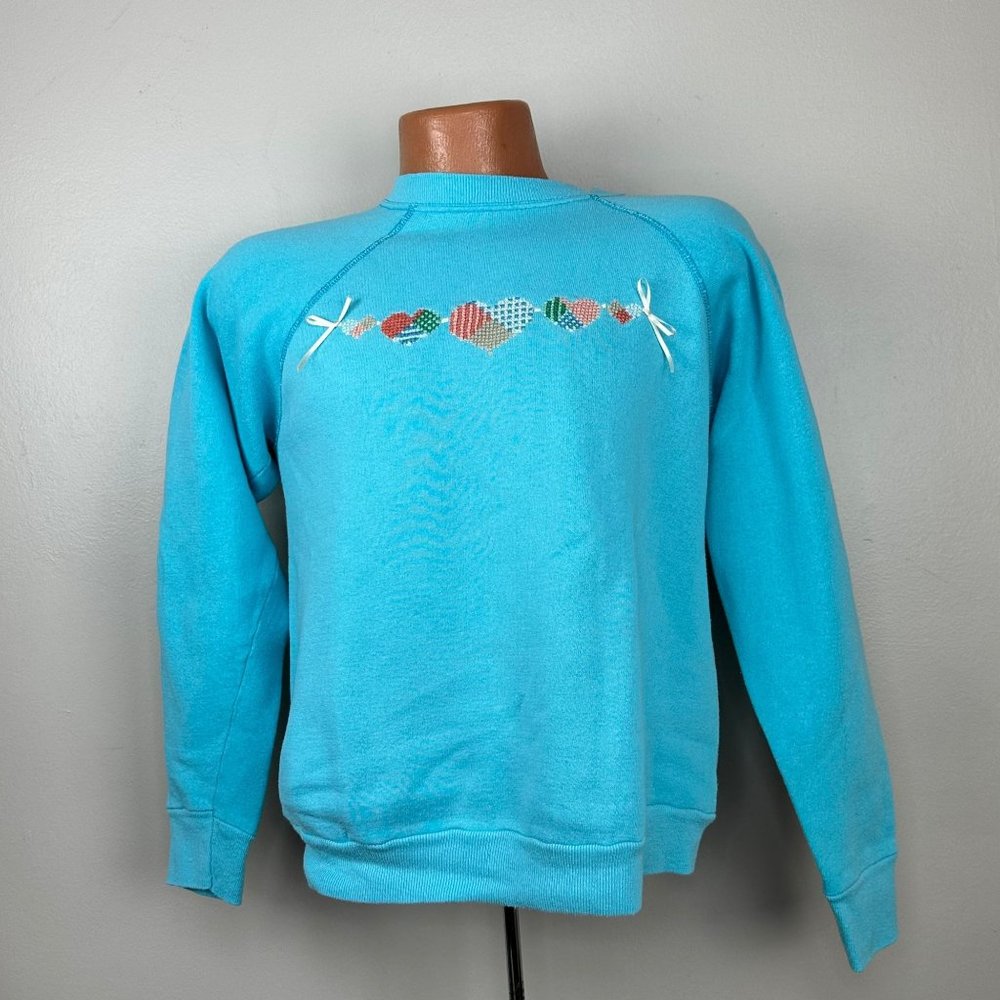 Vintage 1980s Cross Stitched Hearts Aqua Sweatshirt, Size Medium, Cottagecore